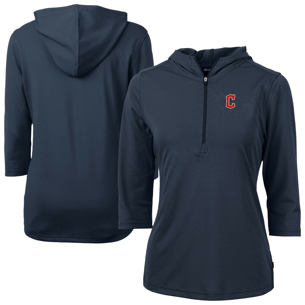 Cleveland Guardians Cutter & Buck Women's  DryTec Virtue Eco Pique Recycled 3/4-Sleeve Half-Zip Pullover Hoodie Navy