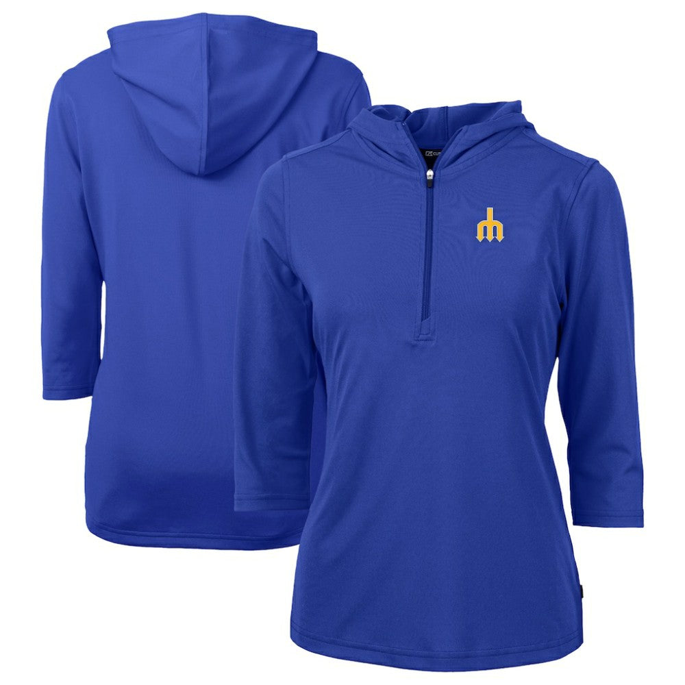 Seattle Mariners Cutter & Buck Women's  DryTec Virtue Eco Pique Recycled 3/4-Sleeve Half-Zip Pullover Hoodie Blue