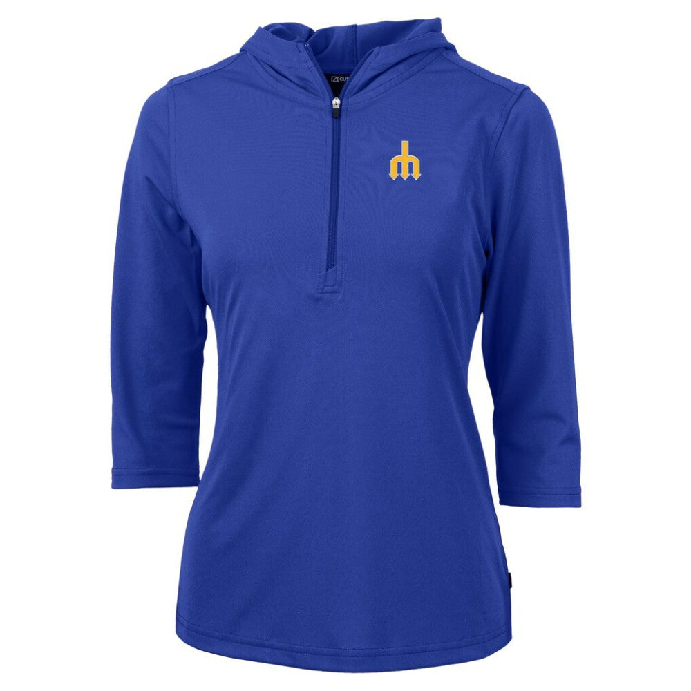 Seattle Mariners Cutter & Buck Women's  DryTec Virtue Eco Pique Recycled 3/4-Sleeve Half-Zip Pullover Hoodie Blue