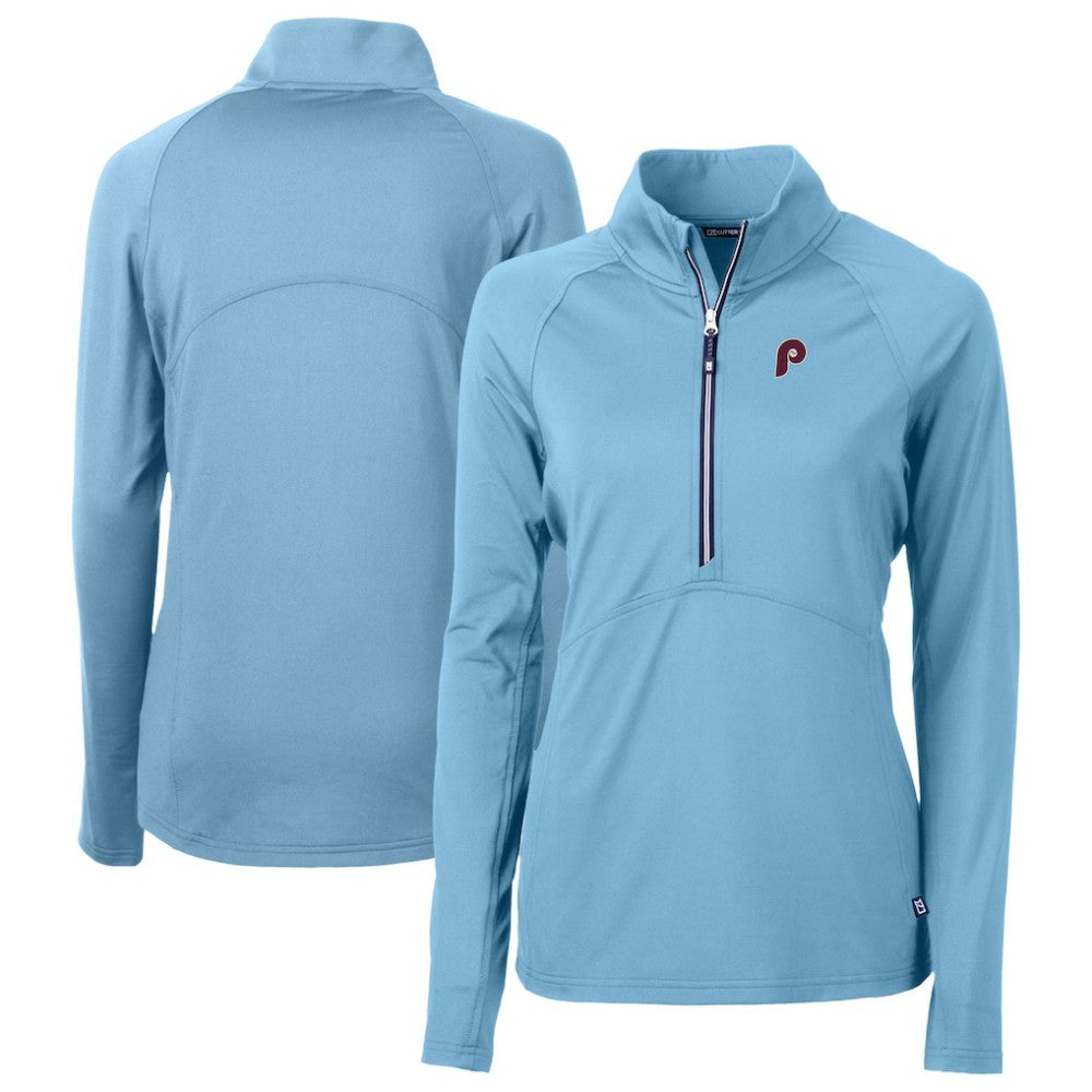 Philadelphia Phillies Cutter & Buck Women's Cooperstown Collection DryTec Adapt Eco Knit Stretch Recycled Raglan Half-Zip Top Powder Blue