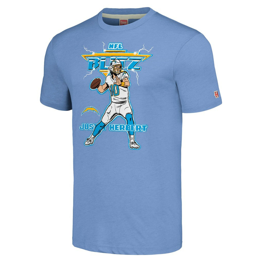 Justin Herbert Los Angeles Chargers Homage Unisex NFL Blitz Player Tri-Blend T-Shirt - Heathered Powder Blue discount