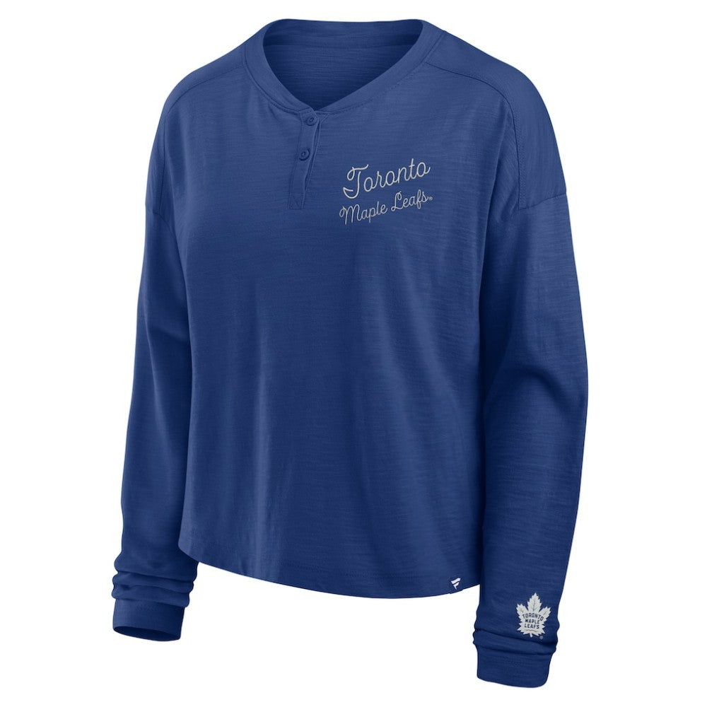Toronto Maple Leafs Fanatics Women's Oversized All Out Effort Long Sleeve Henley T-Shirt - Blue T-shirts