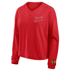Chicago Blackhawks Fanatics Women's Oversized All Out Effort Long Sleeve Henley T-Shirt - Red T-shirts