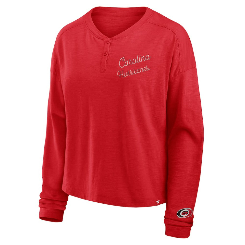 Carolina Hurricanes Fanatics Women's Oversized All Out Effort Long Sleeve Henley T-Shirt - Red T-shirts