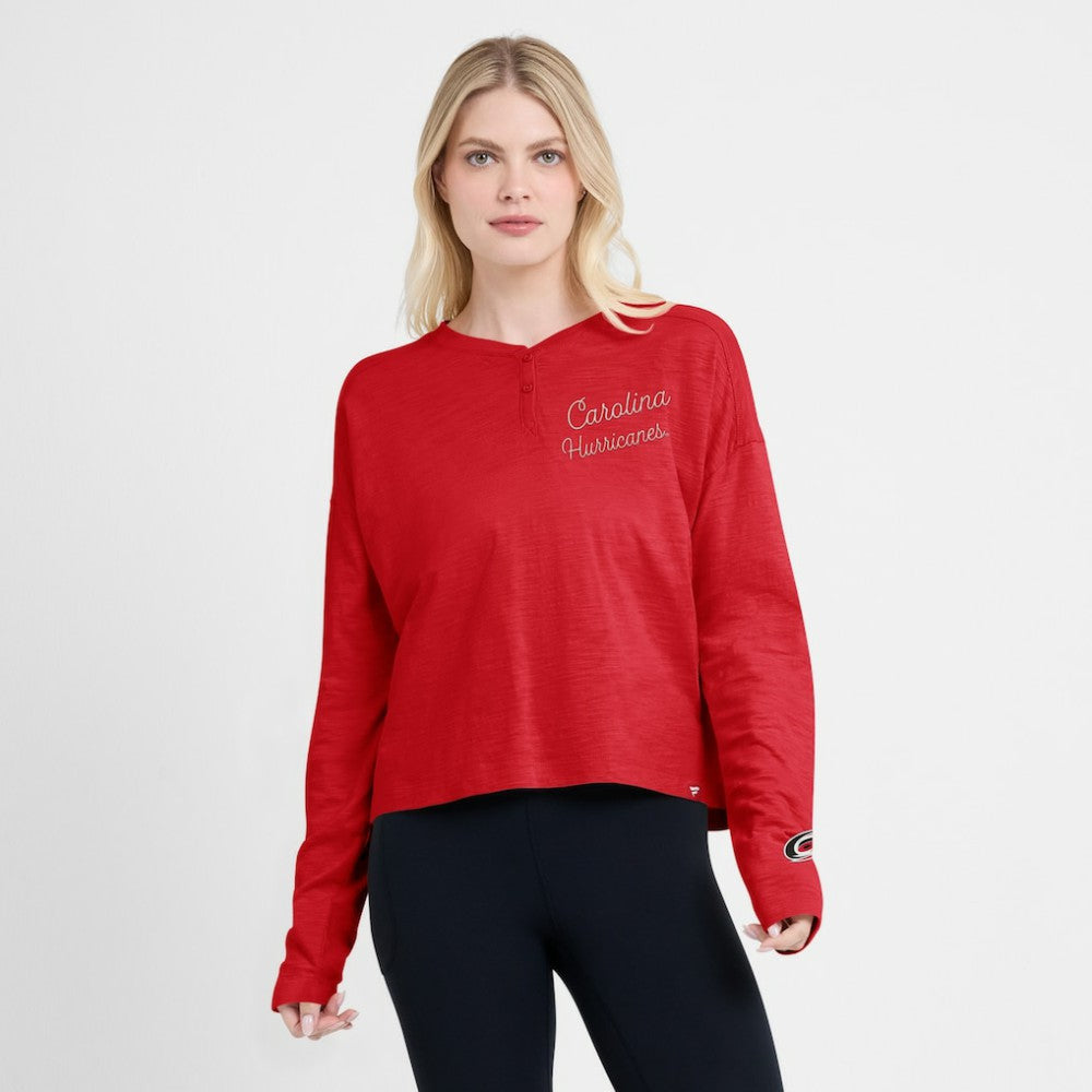 Carolina Hurricanes Fanatics Women's Oversized All Out Effort Long Sleeve Henley T-Shirt - Red T-shirts