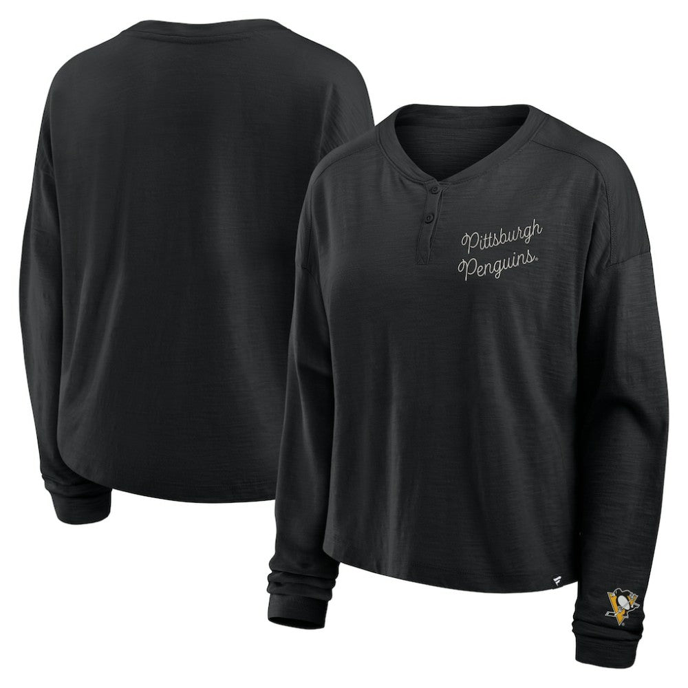 Pittsburgh Penguins Fanatics Women's Oversized All Out Effort Long Sleeve Henley T-Shirt - Black T-shirts