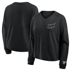 Pittsburgh Penguins Fanatics Women's Oversized All Out Effort Long Sleeve Henley T-Shirt - Black T-shirts