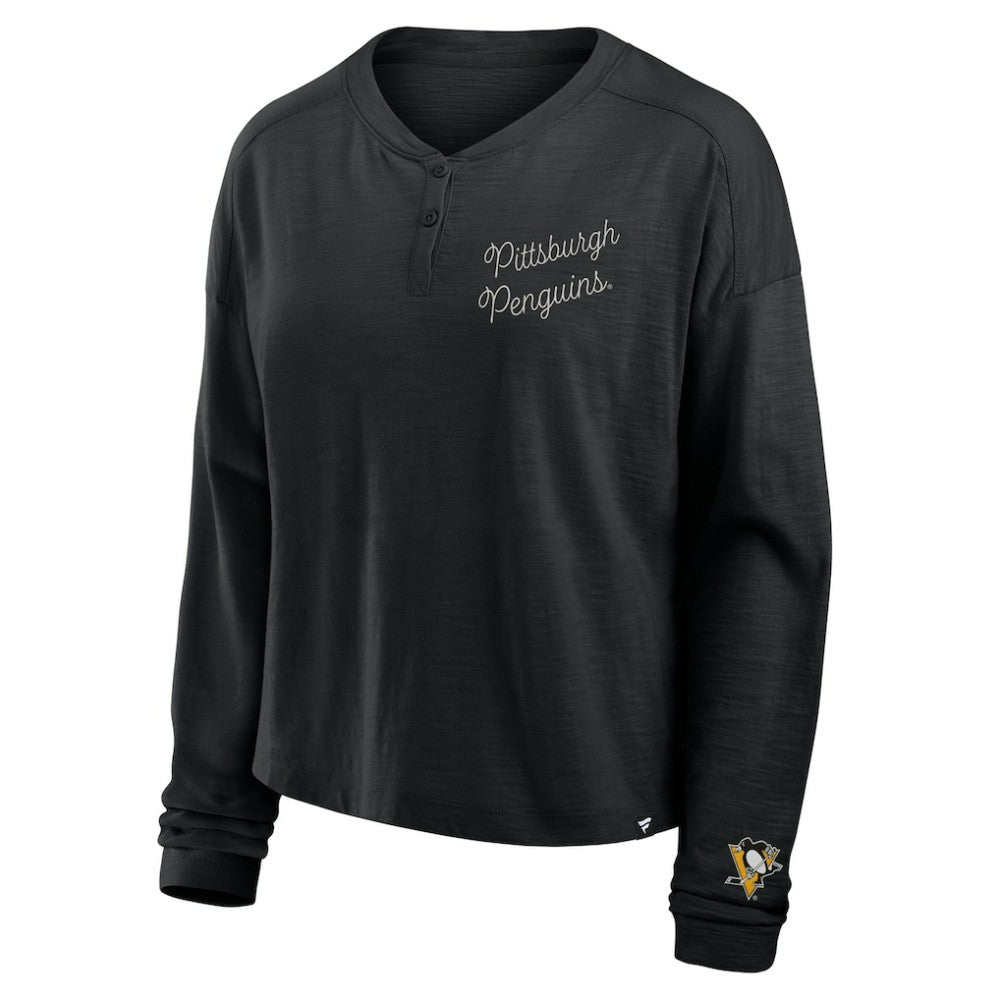 Pittsburgh Penguins Fanatics Women's Oversized All Out Effort Long Sleeve Henley T-Shirt - Black T-shirts