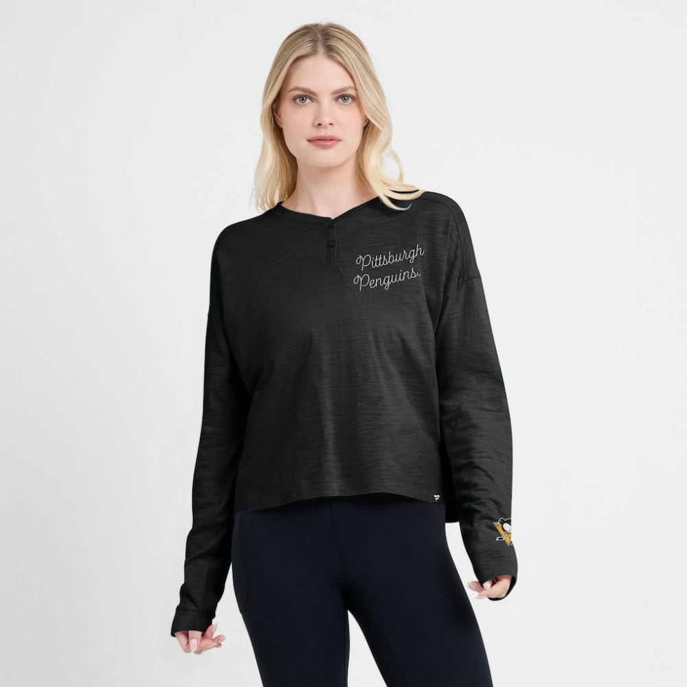 Pittsburgh Penguins Fanatics Women's Oversized All Out Effort Long Sleeve Henley T-Shirt - Black T-shirts