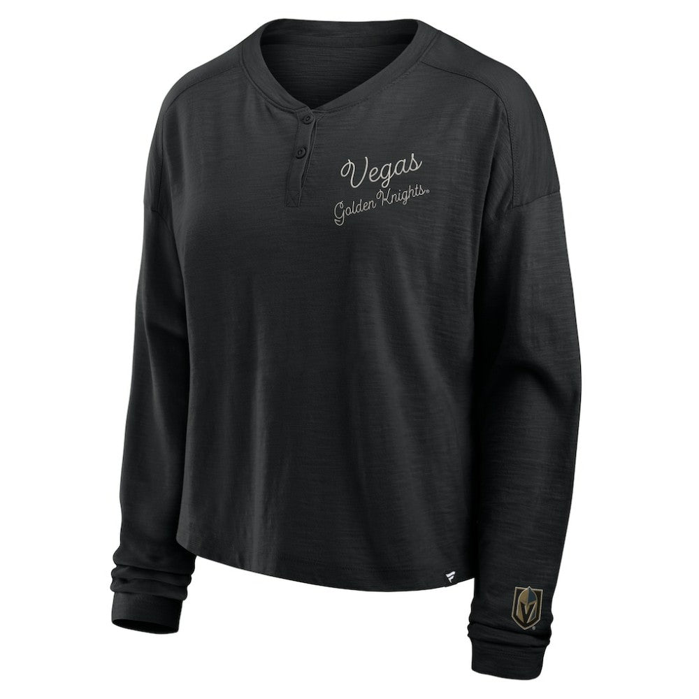 Vegas Golden Knights Fanatics Women's Oversized All Out Effort Long Sleeve Henley T-Shirt - Black T-shirts