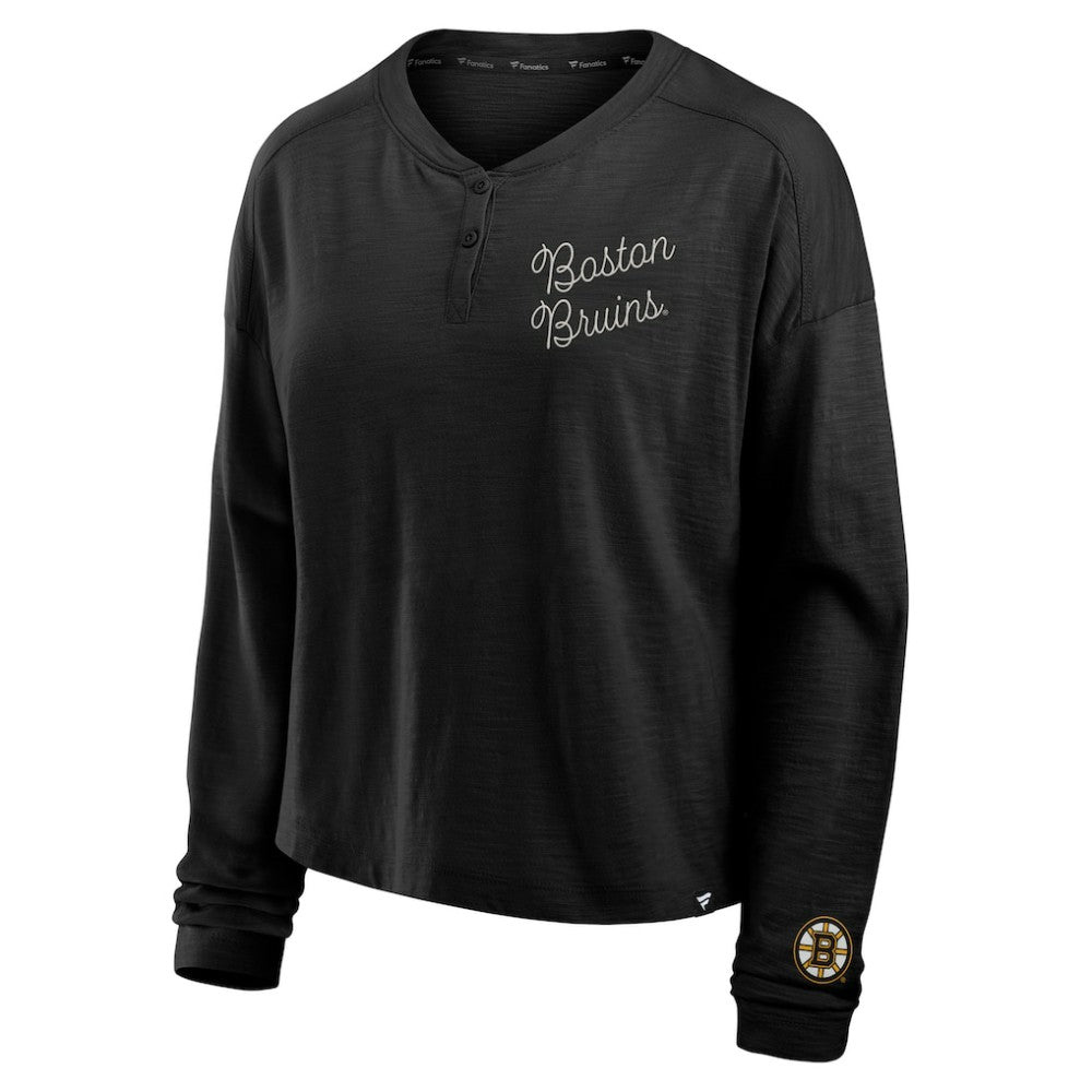 Boston Bruins Fanatics Women's Oversized All Out Effort Long Sleeve Henley T-Shirt - Black T-shirts