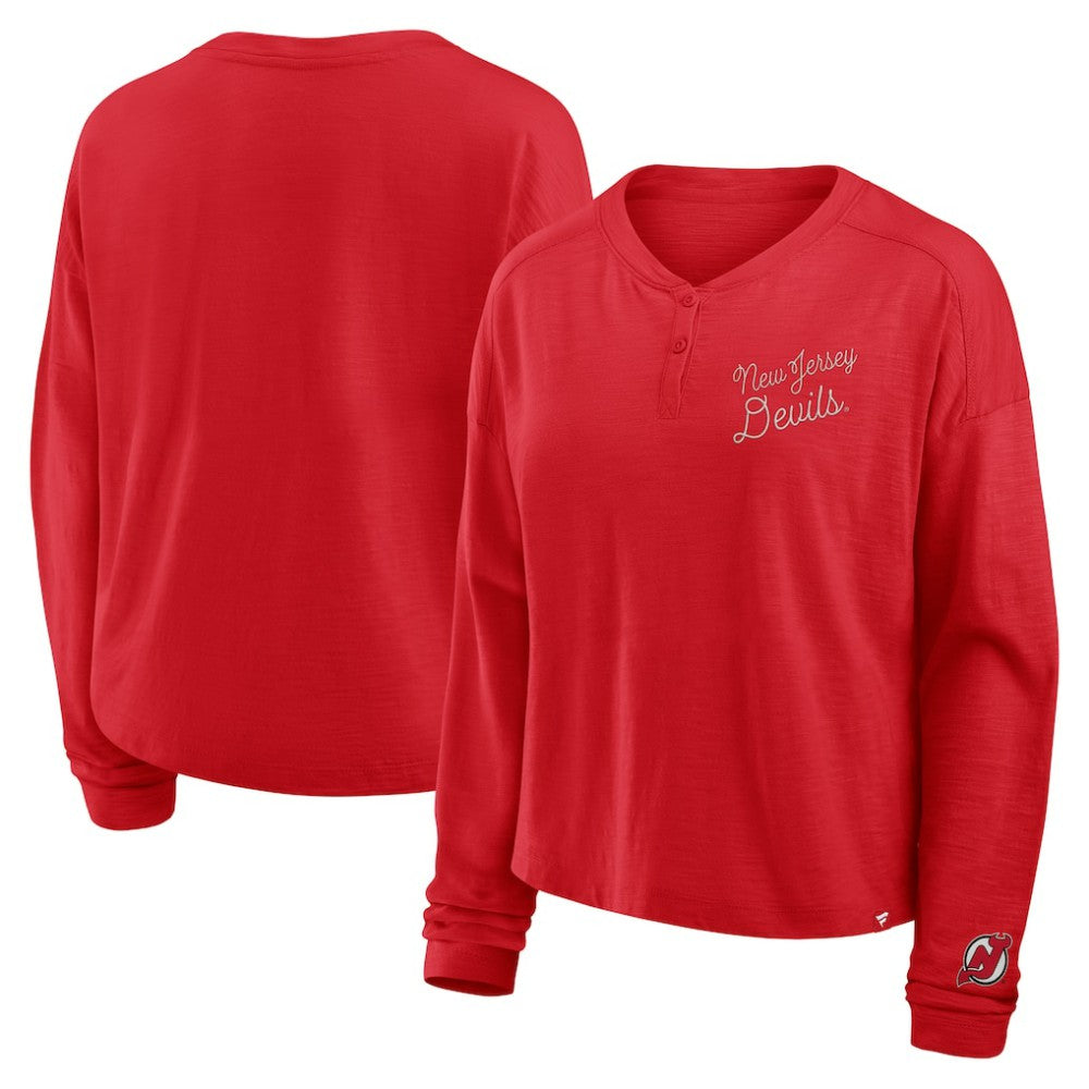 New Jersey Devils Fanatics Women's Oversized All Out Effort Long Sleeve Henley T-Shirt - Red T-shirts