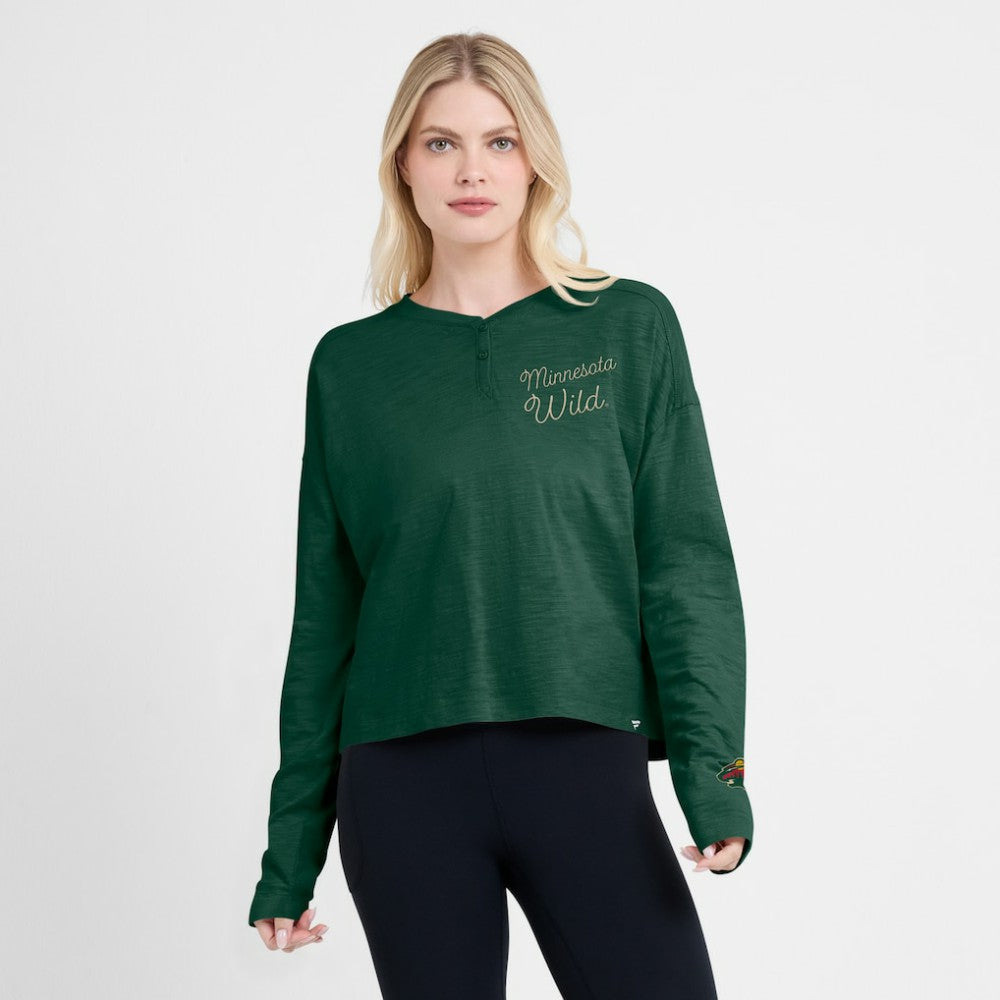 Minnesota Wild Fanatics Women's Oversized All Out Effort Long Sleeve Henley T-Shirt - Green T-shirts