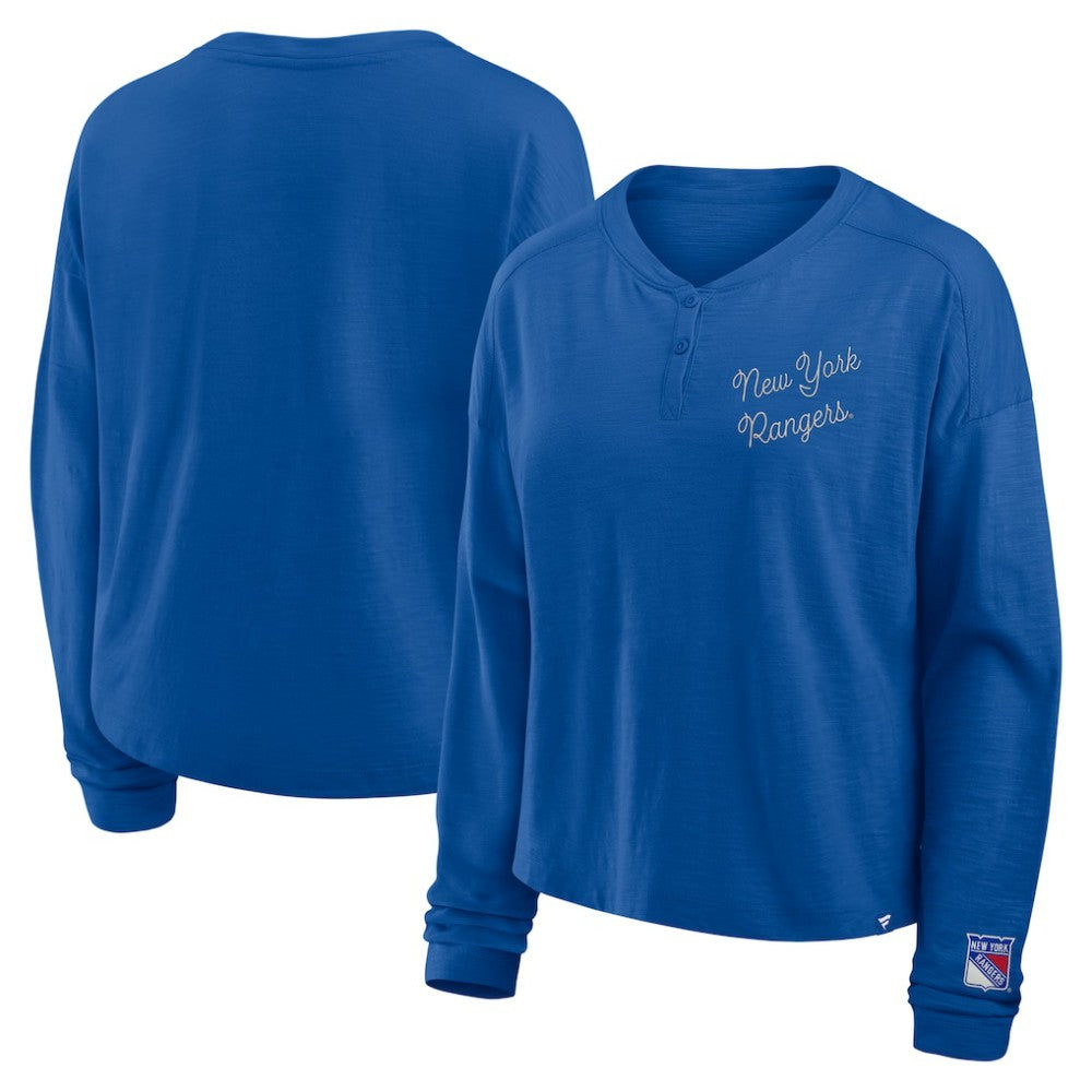 New York Rangers Fanatics Women's Oversized All Out Effort Long Sleeve Henley T-Shirt - Blue T-shirts