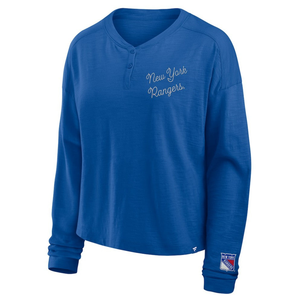 New York Rangers Fanatics Women's Oversized All Out Effort Long Sleeve Henley T-Shirt - Blue T-shirts