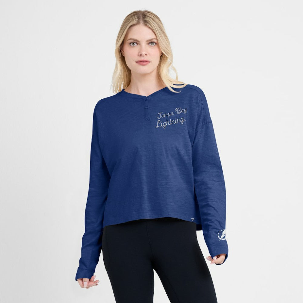 Tampa Bay Lightning Fanatics Women's Oversized All Out Effort Long Sleeve Henley T-Shirt - Blue T-shirts