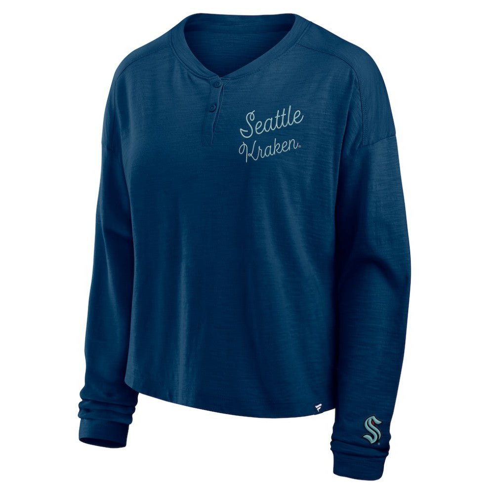 Seattle Kraken Fanatics Women's Oversized All Out Effort Long Sleeve Henley T-Shirt - Deep Sea Blue T-shirts