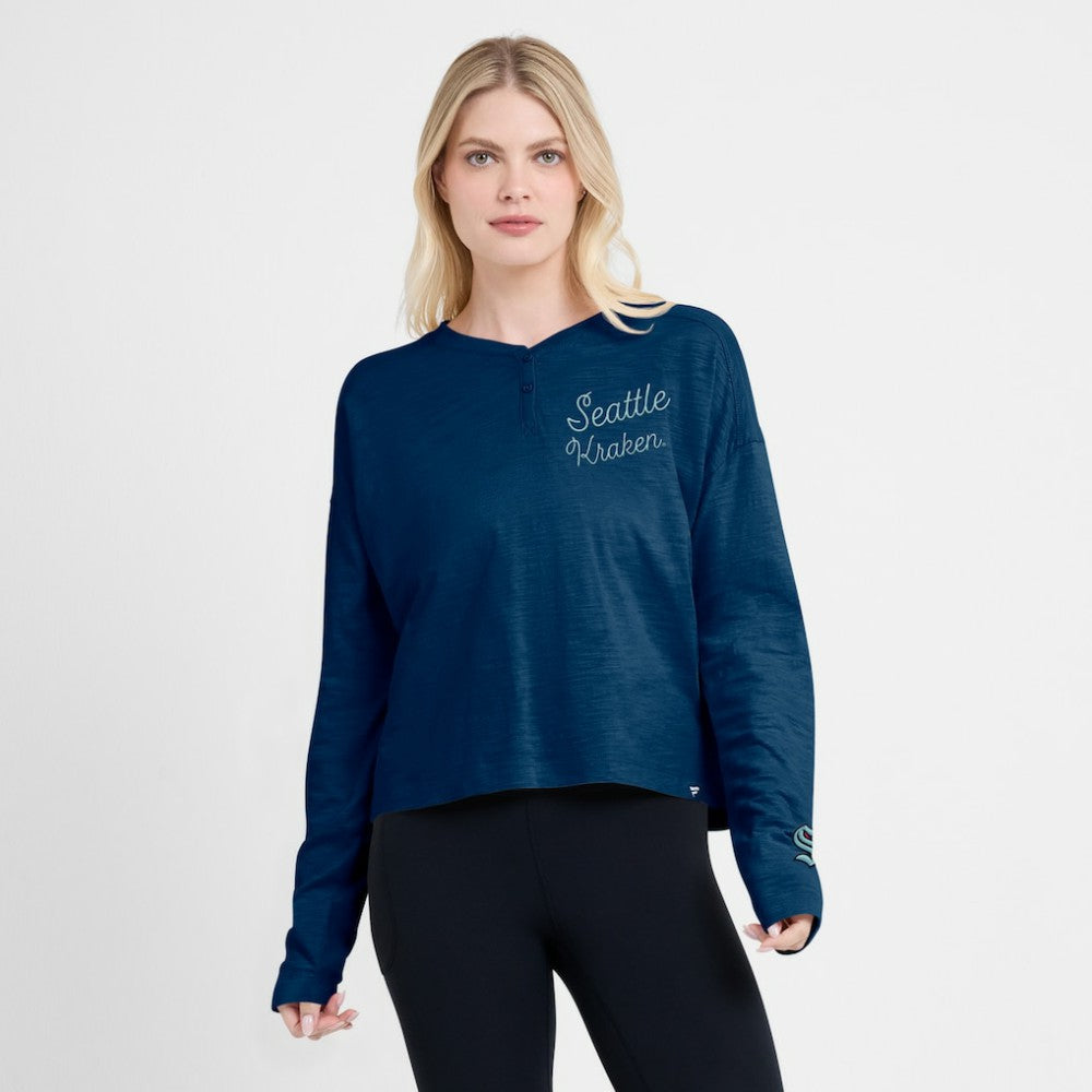 Seattle Kraken Fanatics Women's Oversized All Out Effort Long Sleeve Henley T-Shirt - Deep Sea Blue T-shirts