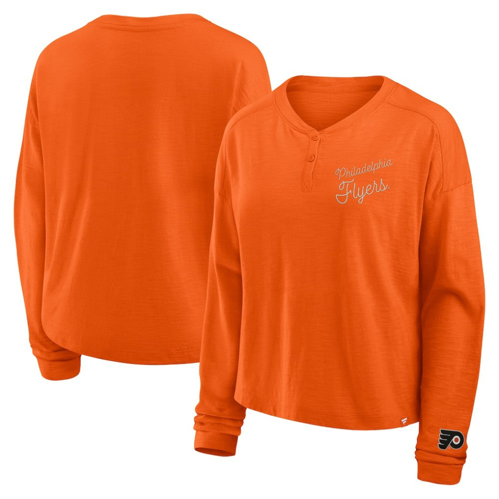 Philadelphia Flyers Fanatics Women's Oversized All Out Effort Long Sleeve Henley T-Shirt - Orange T-shirts