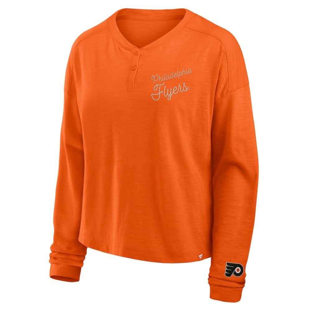Philadelphia Flyers Fanatics Women's Oversized All Out Effort Long Sleeve Henley T-Shirt - Orange T-shirts