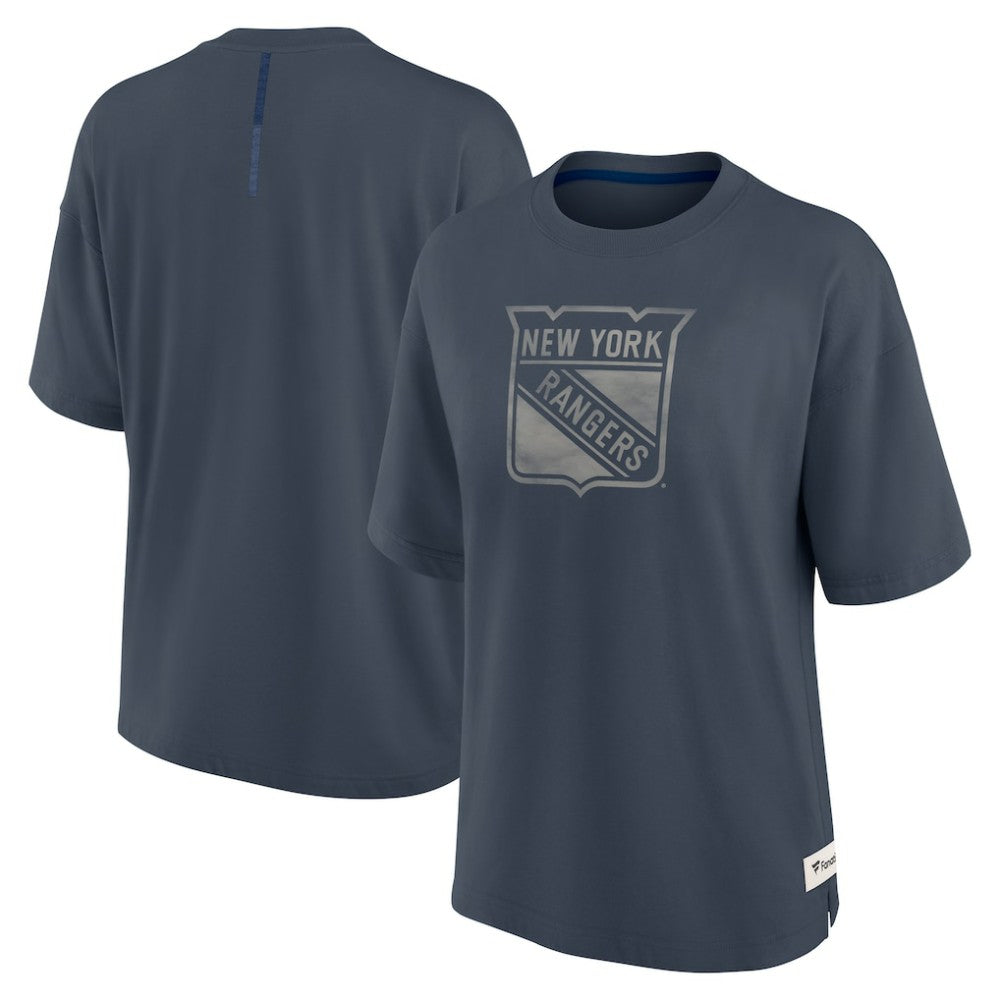 New York Rangers Fanatics Women's Oversized Elements Raw Edge Future Ground T-Shirt - Blue T-shirts