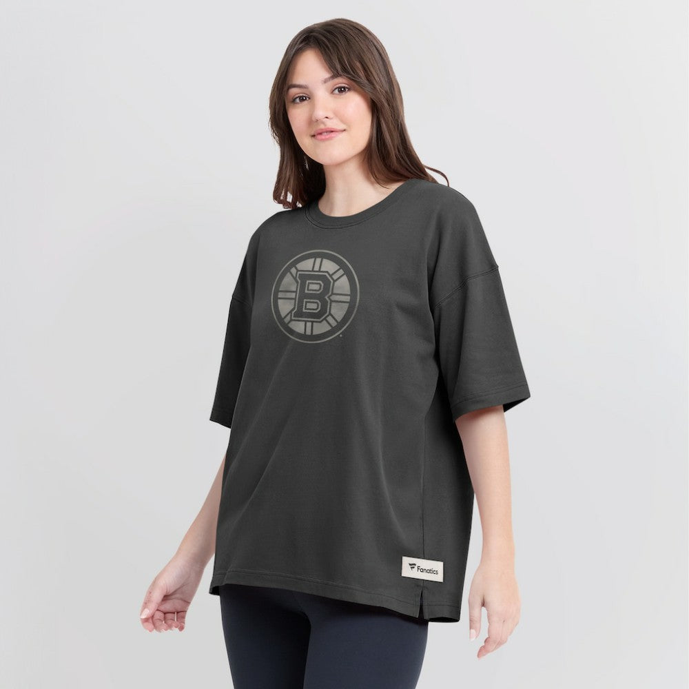 Boston Bruins Fanatics Women's Oversized Elements Raw Edge Future Ground T-Shirt - Charcoal T-shirts