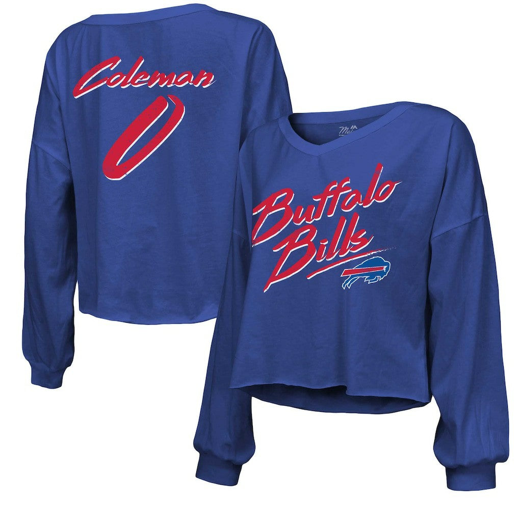 Keon Coleman Buffalo Bills Majestic Threads Women's Name & Number Off-Shoulder Script Cropped Long Sleeve V-Neck T-Shirt - Royal sale