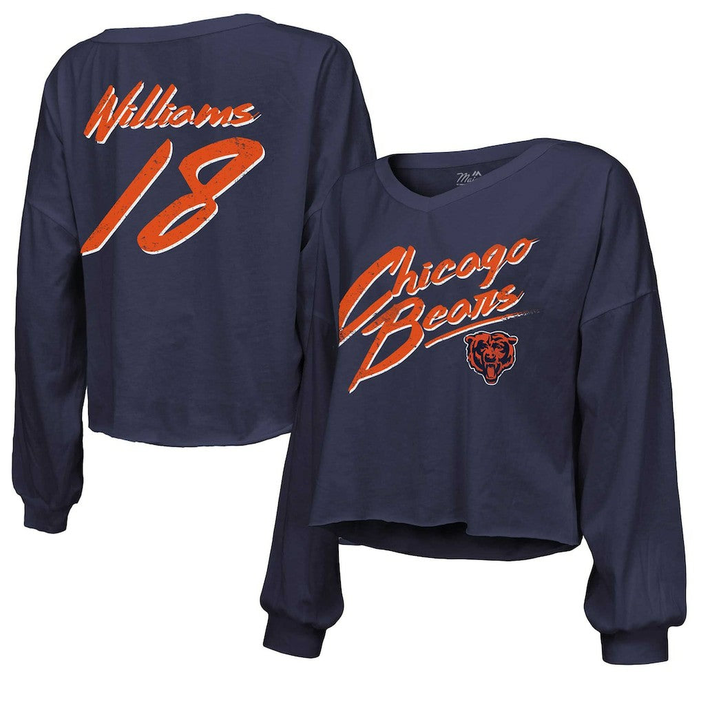 Caleb Williams Chicago Bears Majestic Threads Women's Name & Number Off-Shoulder Script Cropped Long Sleeve Relaxed V-Neck T-Shirt - Navy discount
