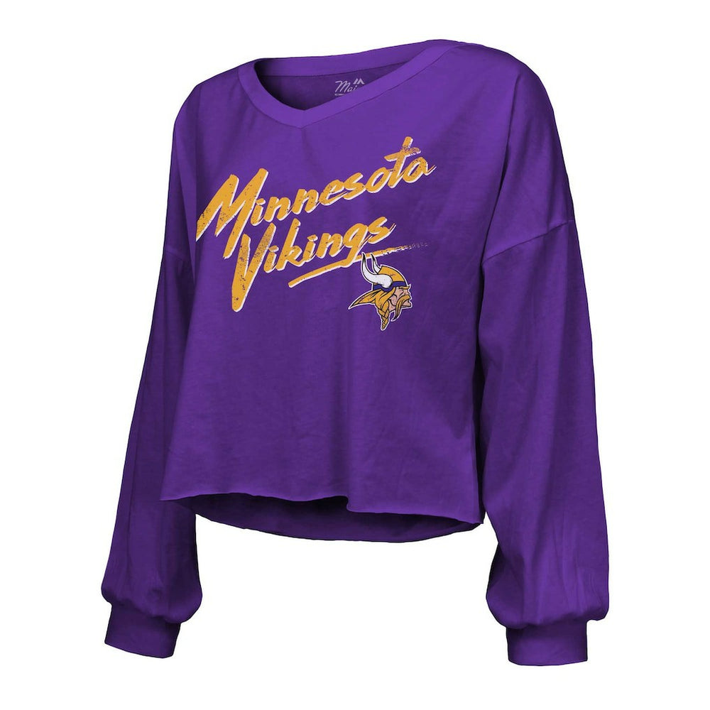J.J. McCarthy Minnesota Vikings Majestic Threads Women's Name & Number Off-Shoulder Script Cropped Long Sleeve V-Neck T-Shirt - Purple cheap