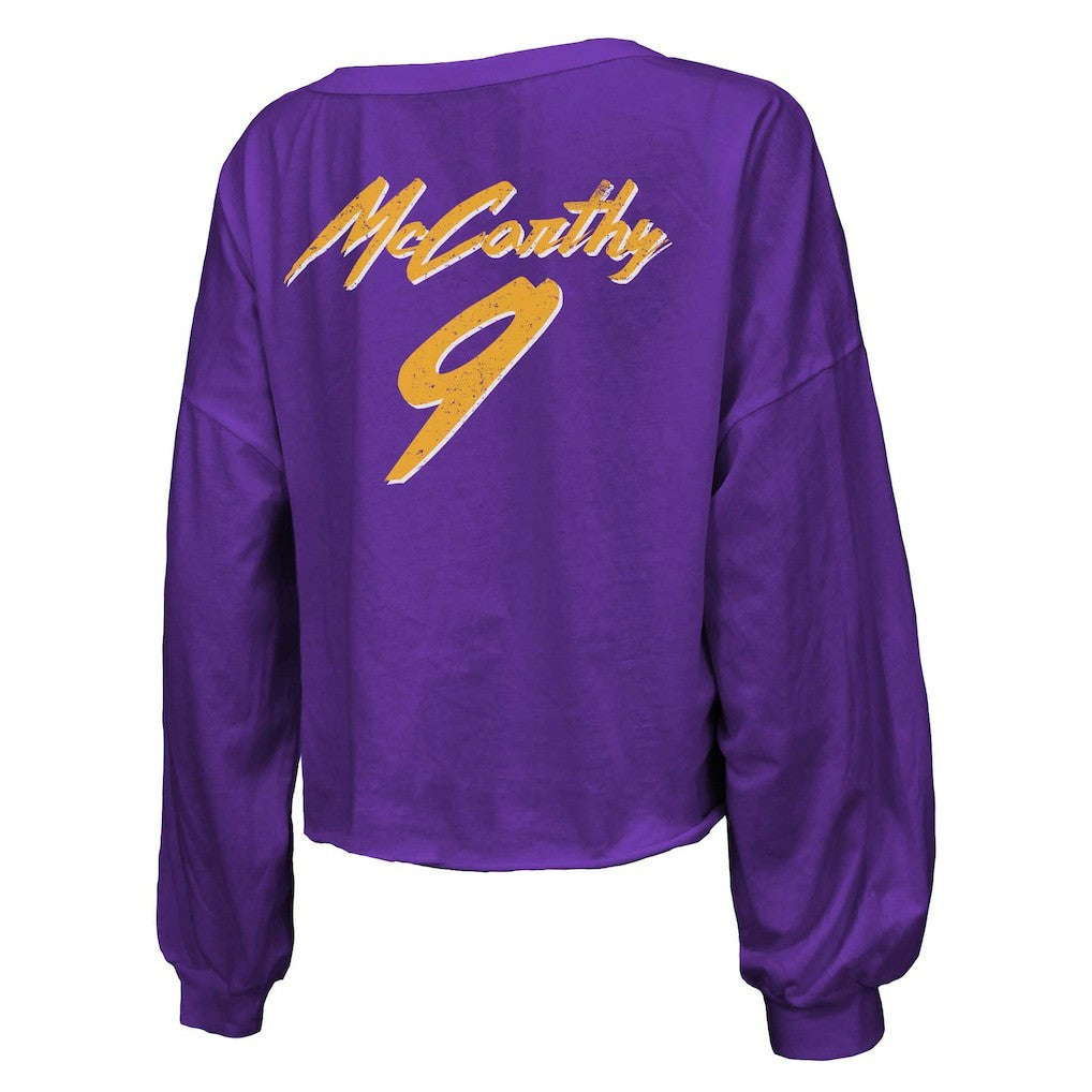 J.J. McCarthy Minnesota Vikings Majestic Threads Women's Name & Number Off-Shoulder Script Cropped Long Sleeve V-Neck T-Shirt - Purple cheap