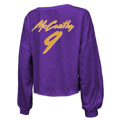 J.J. McCarthy Minnesota Vikings Majestic Threads Women's Name & Number Off-Shoulder Script Cropped Long Sleeve V-Neck T-Shirt - Purple cheap