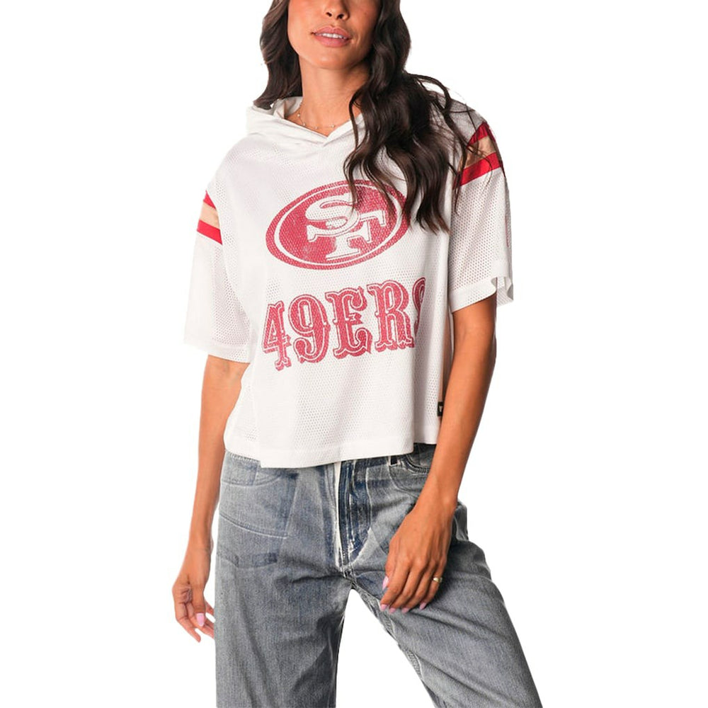 San Francisco 49ers The Wild Collective Women's Mesh Short Sleeve Hoodie T-Shirt - White cheap