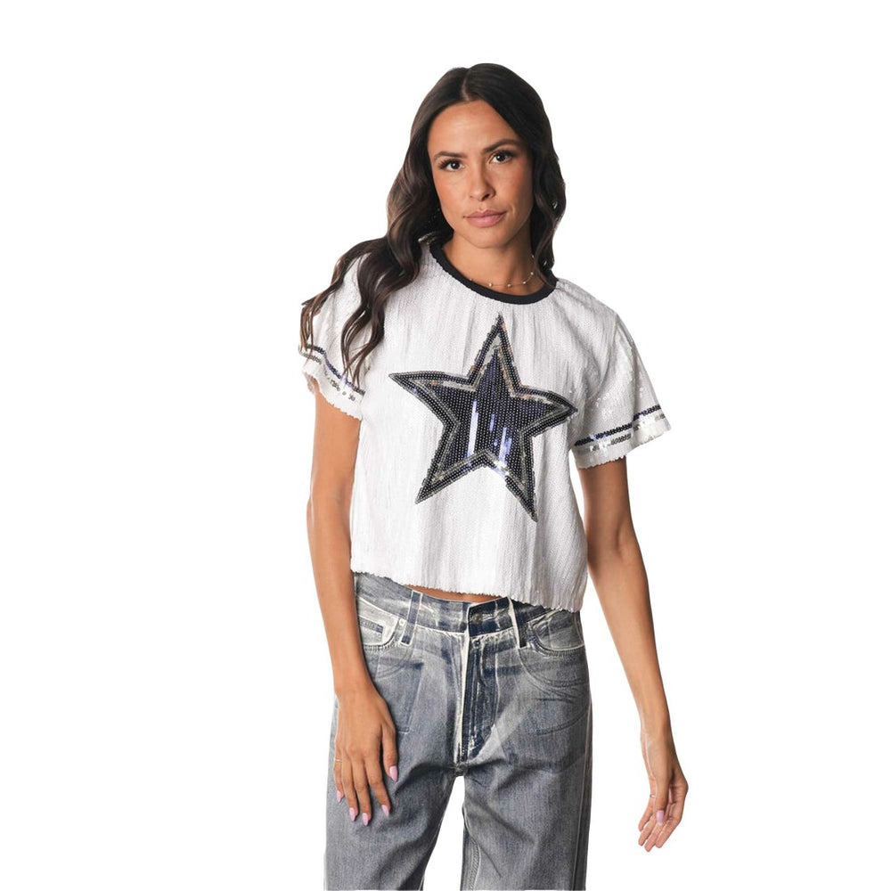 Dallas Cowboys The Wild Collective Women's Sequin Cropped T-Shirt - White for sale