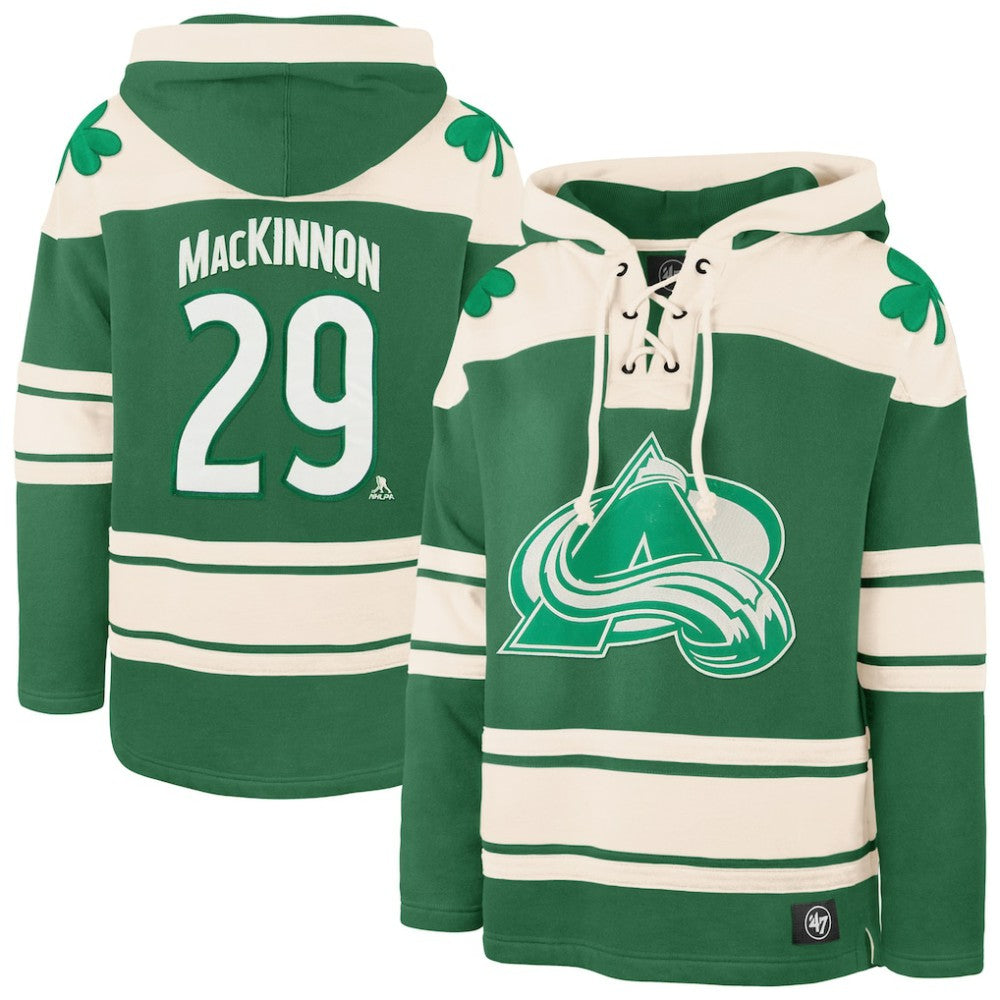 Nathan MacKinnon Colorado Avalanche '47 St. Patrick's Day Player Name & Number Lacer Pullover Hoodie - Kelly Green Hoodies