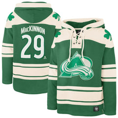 Nathan MacKinnon Colorado Avalanche '47 St. Patrick's Day Player Name & Number Lacer Pullover Hoodie - Kelly Green Hoodies