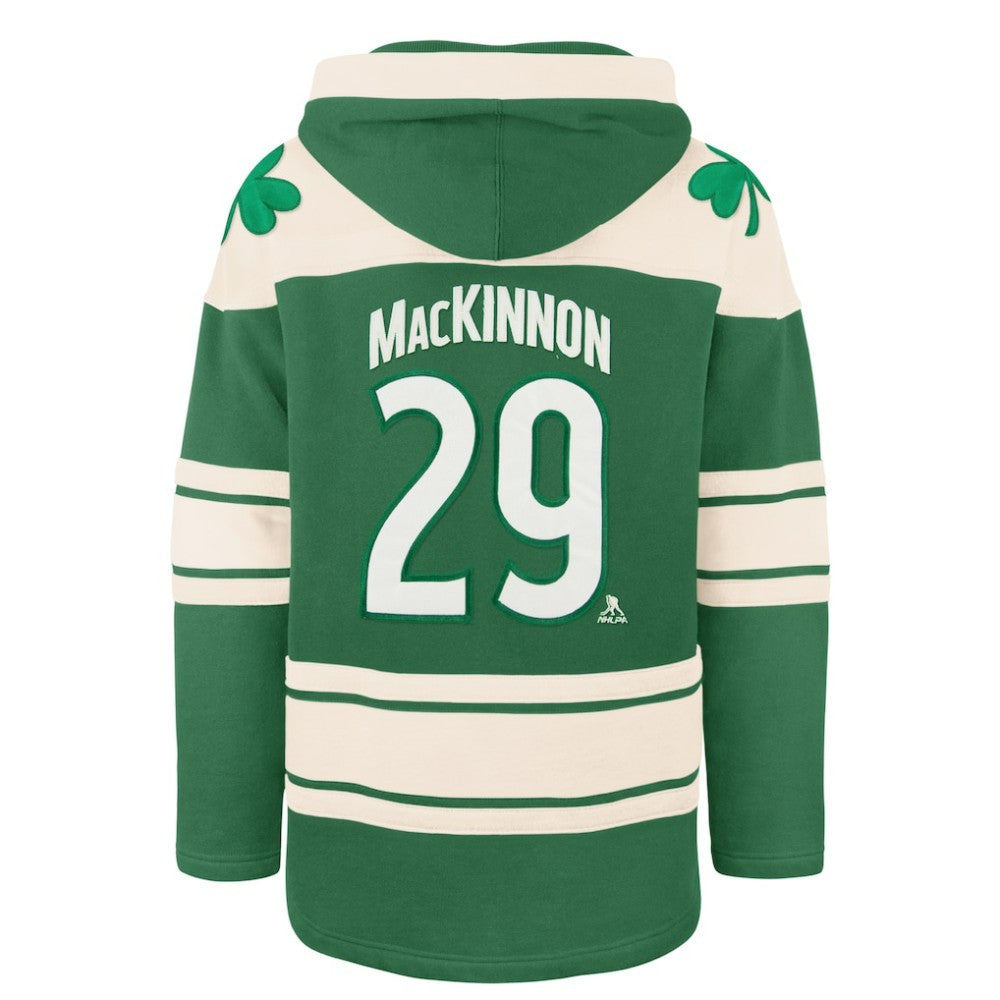 Nathan MacKinnon Colorado Avalanche '47 St. Patrick's Day Player Name & Number Lacer Pullover Hoodie - Kelly Green Hoodies