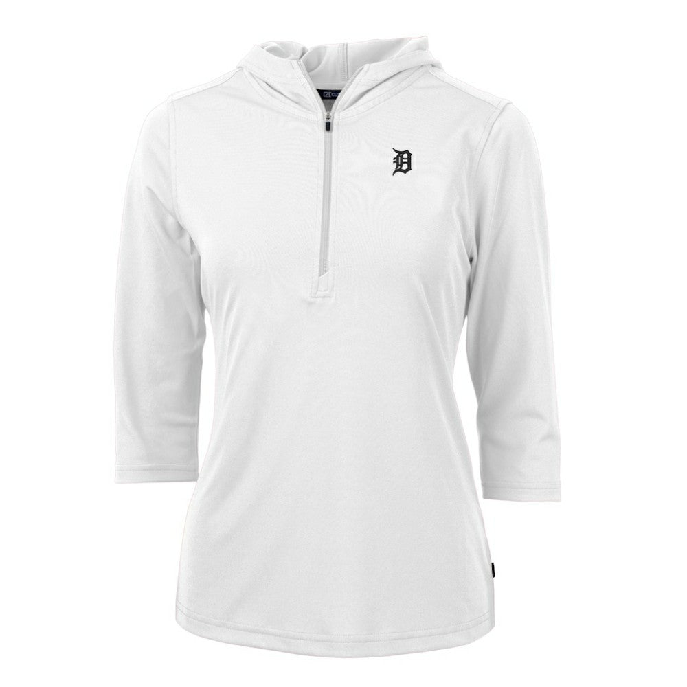 Detroit Tigers Cutter & Buck Women's Virtue Eco Pique Half-Zip 3/4 Sleeve Pullover Hoodie White