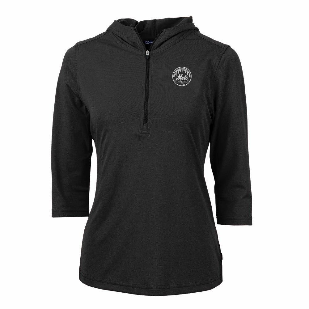 New York Mets Cutter & Buck Women's Virtue Eco Pique Half-Zip 3/4 Sleeve Pullover Hoodie Black