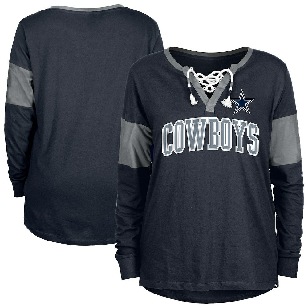 Dallas Cowboys New Era Women's Lace-Up Notch-Neck Long Sleeve T-Shirt - Navy discount