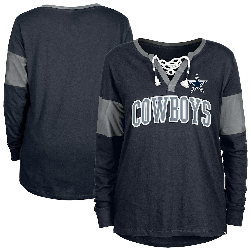Dallas Cowboys New Era Women's Lace-Up Notch-Neck Long Sleeve T-Shirt - Navy discount