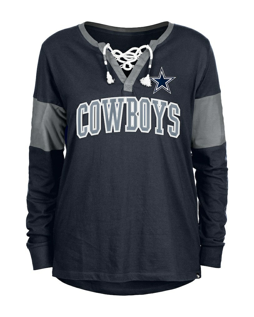 Dallas Cowboys New Era Women's Lace-Up Notch-Neck Long Sleeve T-Shirt - Navy discount