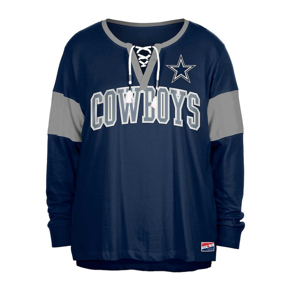Dallas Cowboys New Era Women's Plus Size Lace-Up Notch Neck Long Sleeve T-Shirt  - Navy discount
