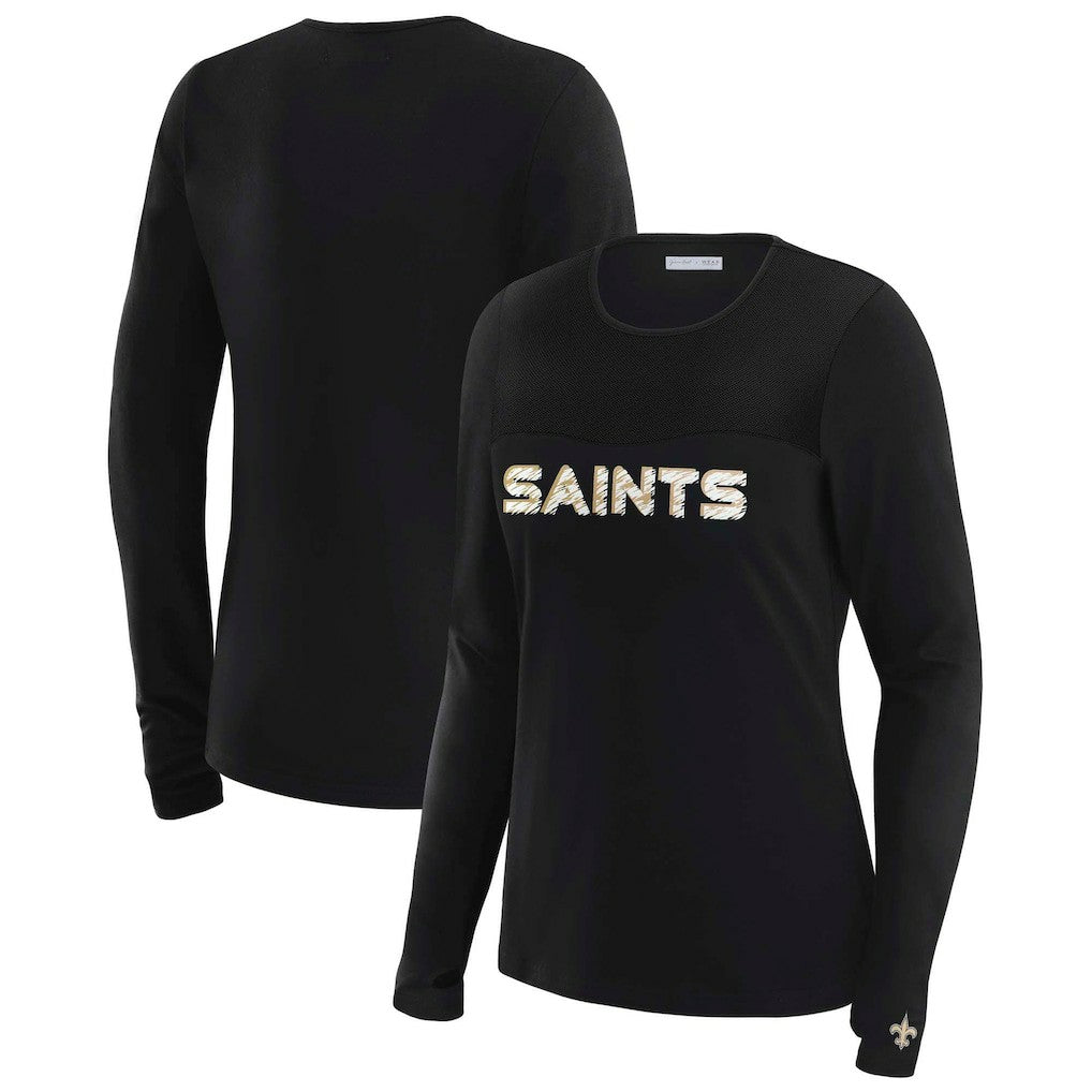 New Orleans Saints WEAR by Erin Andrews x Gracie Hunt Women's Mesh Panel Long Sleeve T-Shirt - Black on sale
