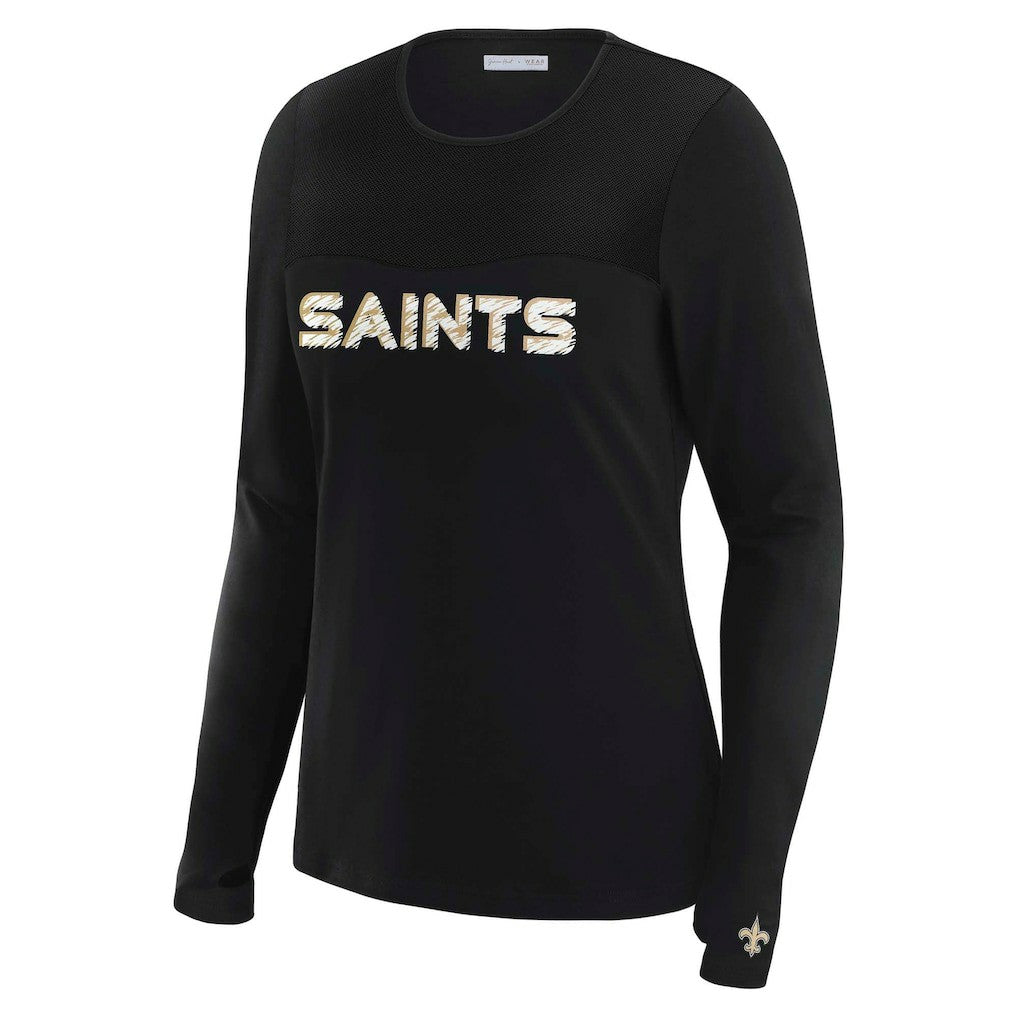 New Orleans Saints WEAR by Erin Andrews x Gracie Hunt Women's Mesh Panel Long Sleeve T-Shirt - Black on sale
