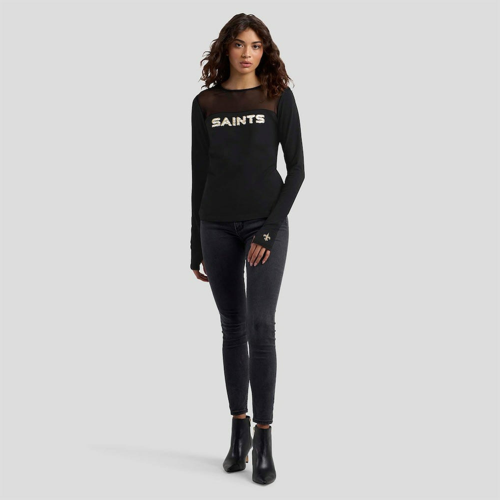 New Orleans Saints WEAR by Erin Andrews x Gracie Hunt Women's Mesh Panel Long Sleeve T-Shirt - Black on sale