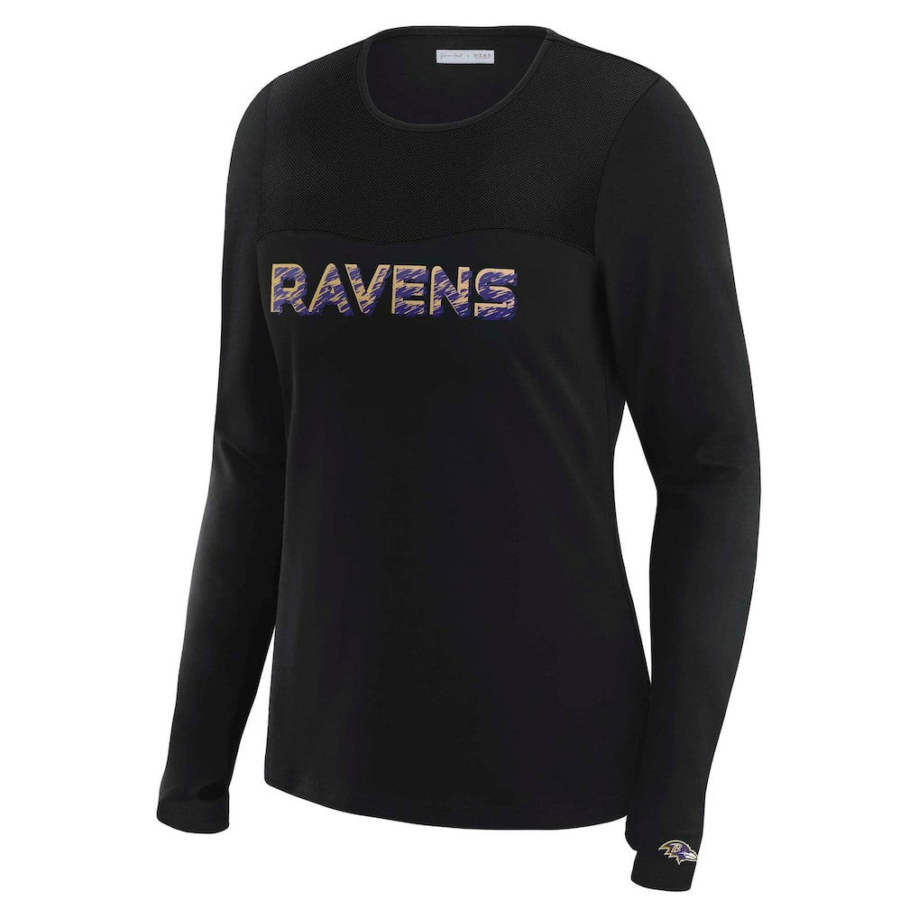 Baltimore Ravens WEAR by Erin Andrews x Gracie Hunt Women's Mesh Panel Long Sleeve T-Shirt - Black on sale