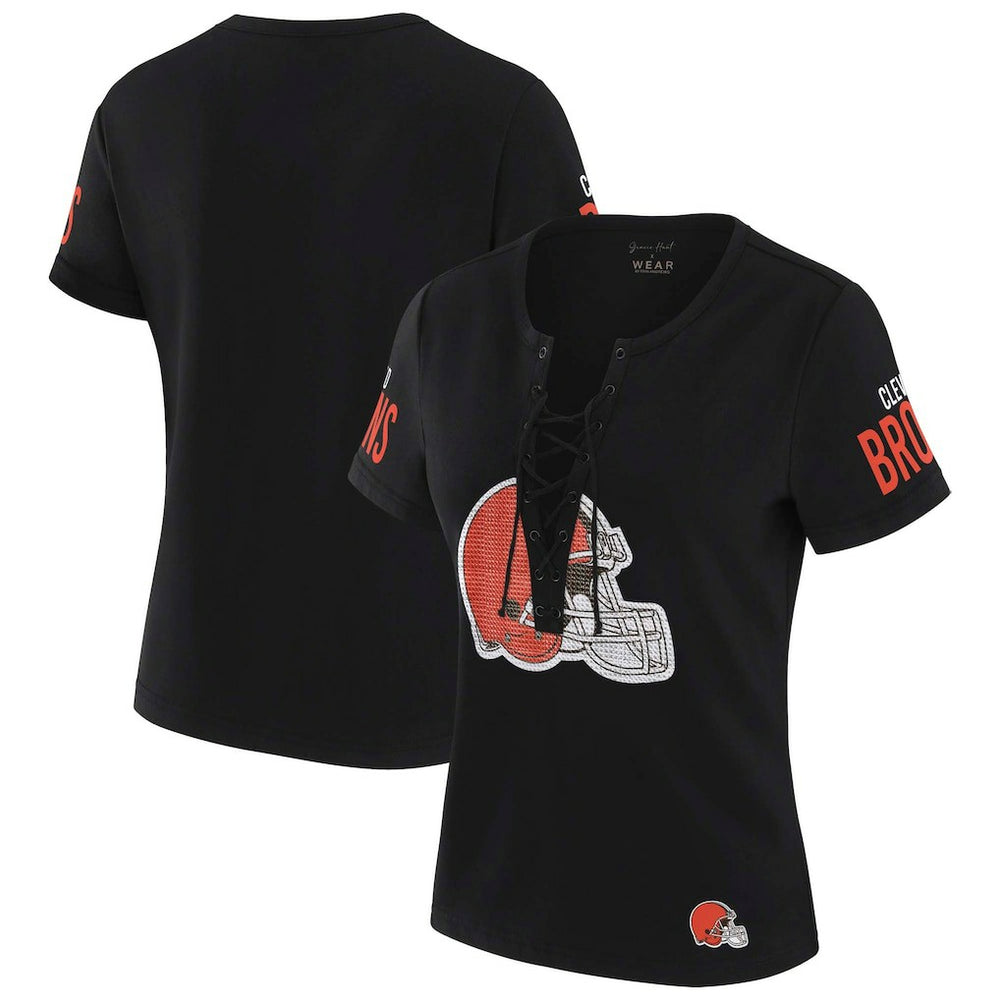 Cleveland Browns WEAR by Erin Andrews x Gracie Hunt Women's Draft Me Lace-Up T-Shirt - Black outlet