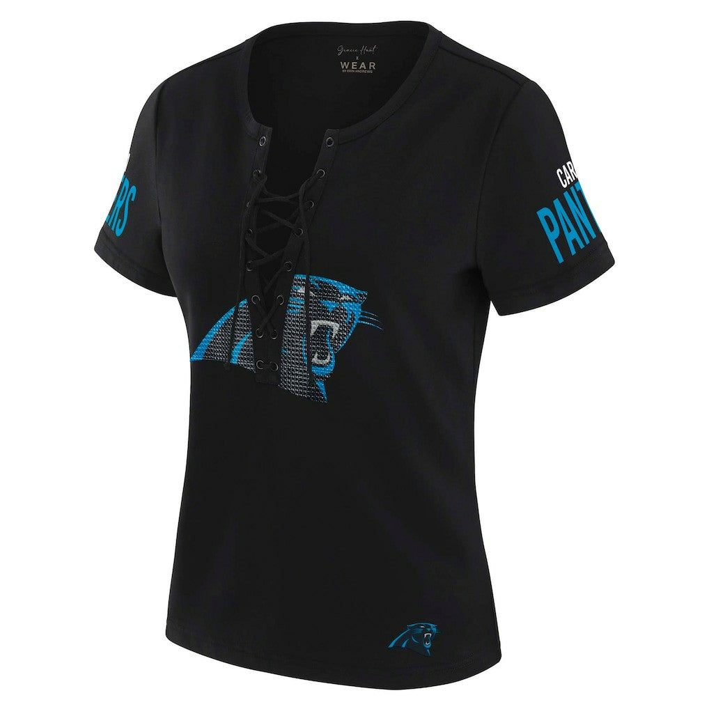 Carolina Panthers WEAR by Erin Andrews x Gracie Hunt Women's Draft Me Lace-Up T-Shirt - Black online