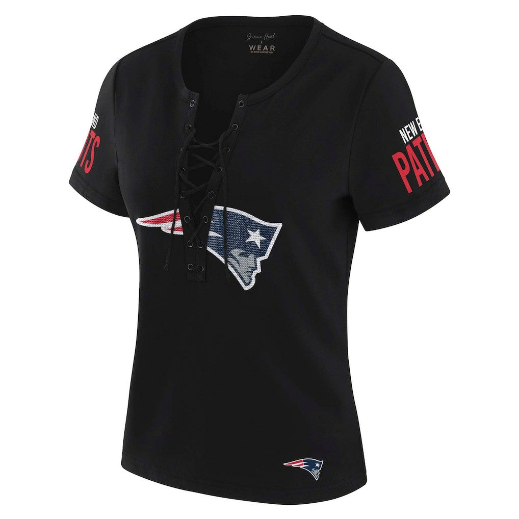 New England Patriots WEAR by Erin Andrews x Gracie Hunt Women's Draft Me Lace-Up T-Shirt - Black for sale