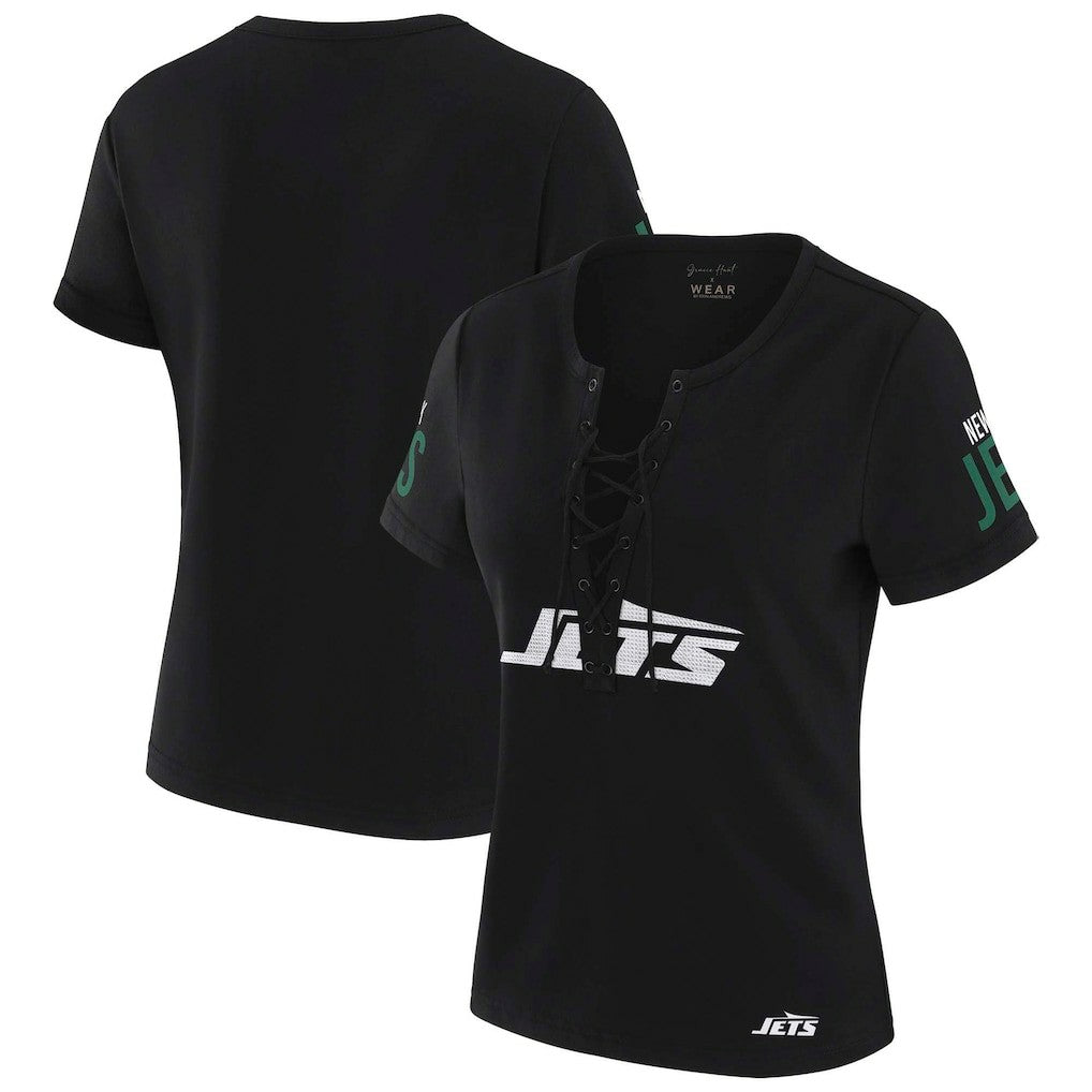 New York Jets WEAR by Erin Andrews x Gracie Hunt Women's Draft Me Lace-Up T-Shirt - Black discount